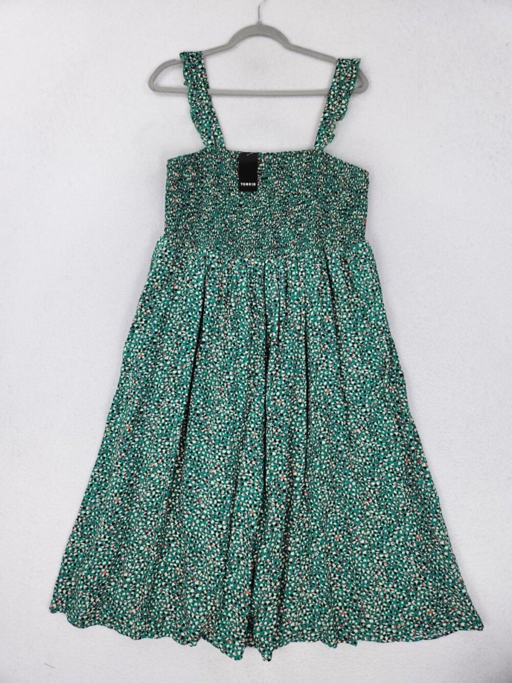 Torrid Dress Womens 1X Green Smocked Bodice Ruffle Strap Midi Sundress NEW